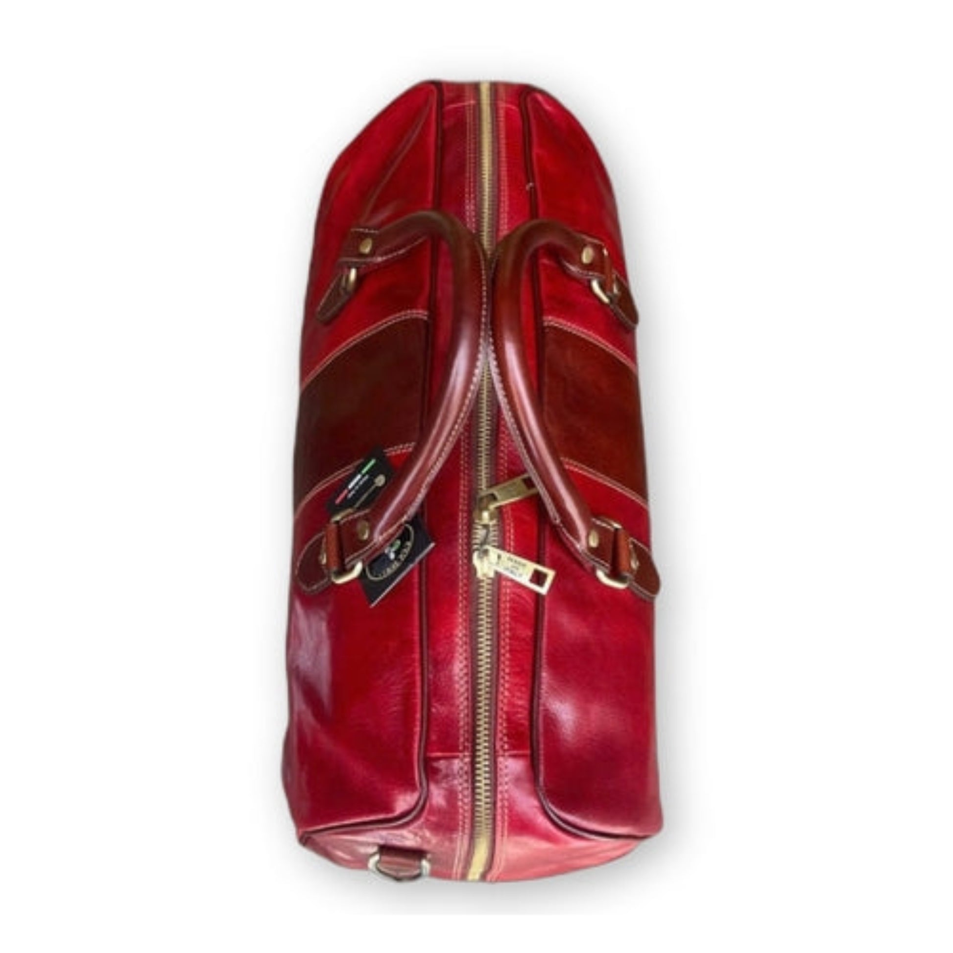sopra borsone da viaggio in pelle rossa borsa da bagaglio a mano artigianale made in italy cuoieria italiana