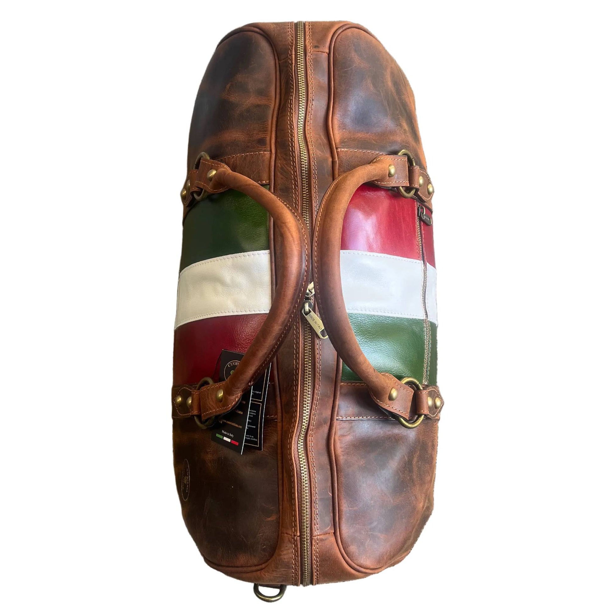 sopra borsone in cuoio invecchiato vintage bagaglio a mano in pelle artigianale made in italy cuoieria italiana