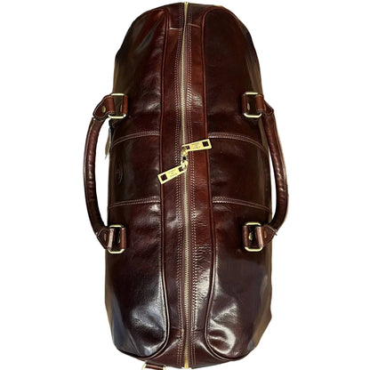 sopra borsone in pelle marrone testa di moro bagaglio a mano in cuoio fatto a mano made in italy cuoieria italiana ®