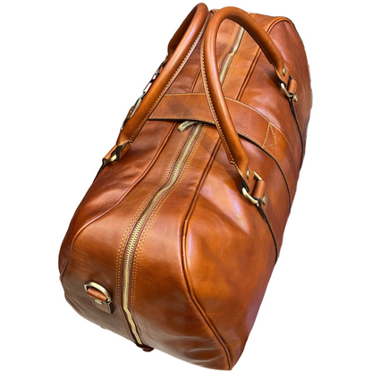sopra chiuso borsone in pelle cuoio naturale da bagaglio a mano borsa da viaggio artigianale e resistente made in italy cuoieria italiana