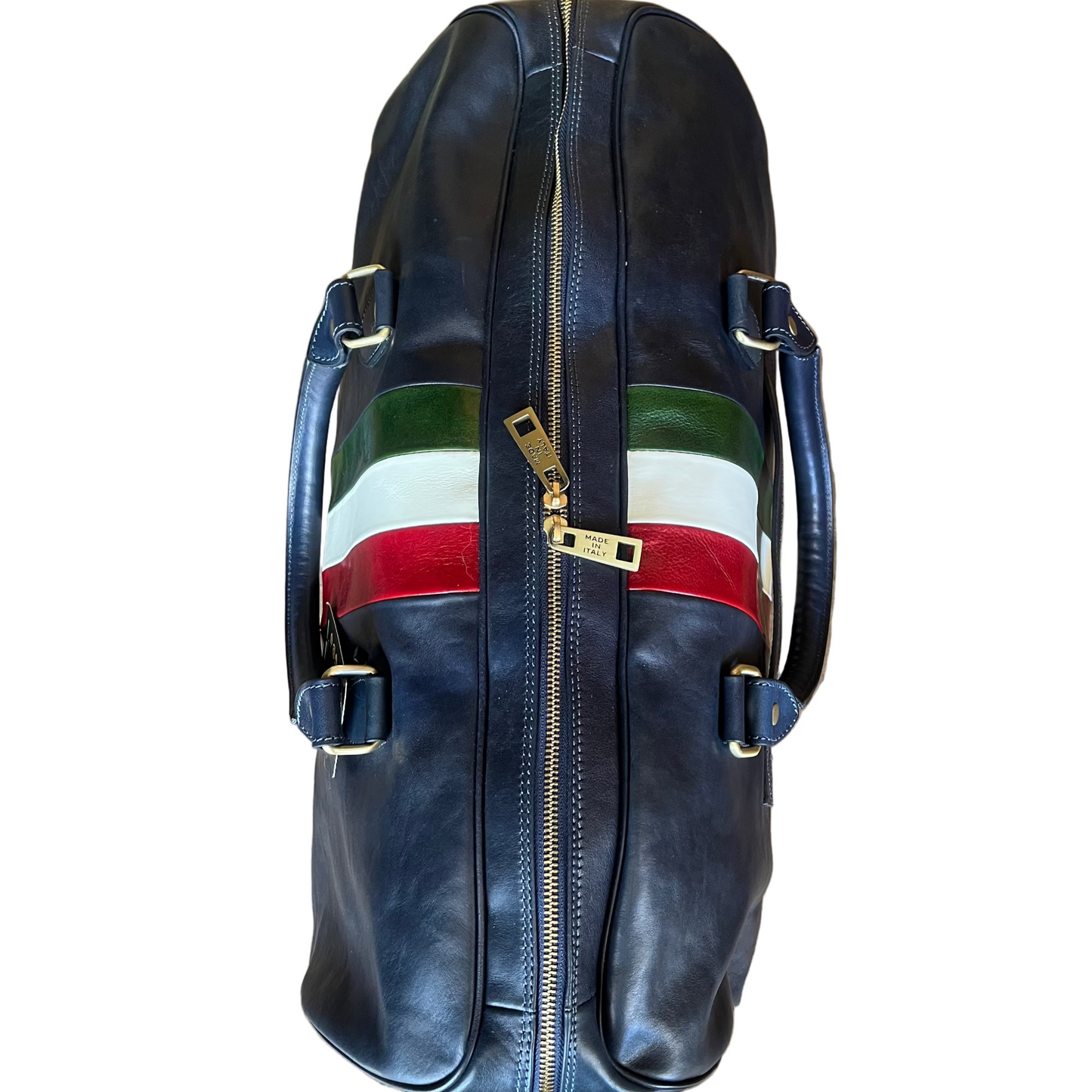 sopra chiusura borsone in pelle blu navy opaco con tricolore bagaglio a mano artigianale made in italy cuoieria italiana