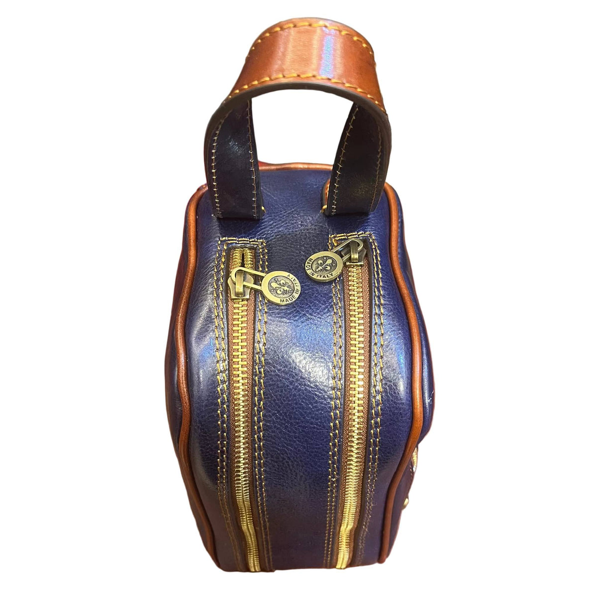 sopra dettagli cerniere zip in ferro metallo folgore pochette in pelle blue navy e marrone unisex fatto a mano in cuoio made in italy cuoieria italiana®