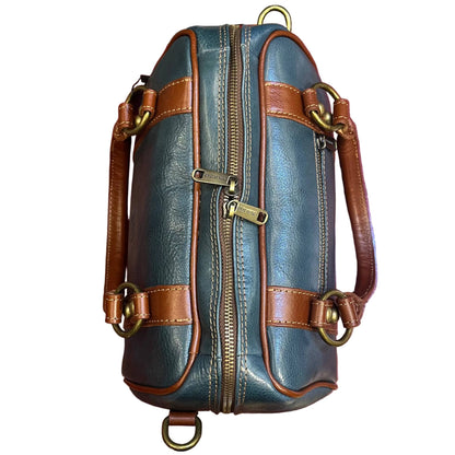 sopra e cerniera di chiusura di sicurezza nettuno borsa a bauletto in pelle avio e marrone da donna borsa fatta a mano in cuoio made in italy cuoieria italiana