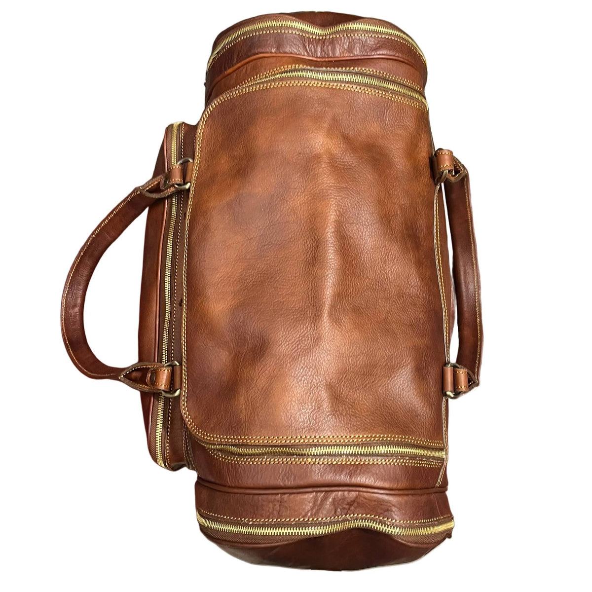 sopra e dettagli cerniere in ferro metallo gimnasio bagaglio a mano sportivo in cuoio borsa da viaggio borsone fatto a mano in pelle marrone classico made in italy cuoieria italiana®