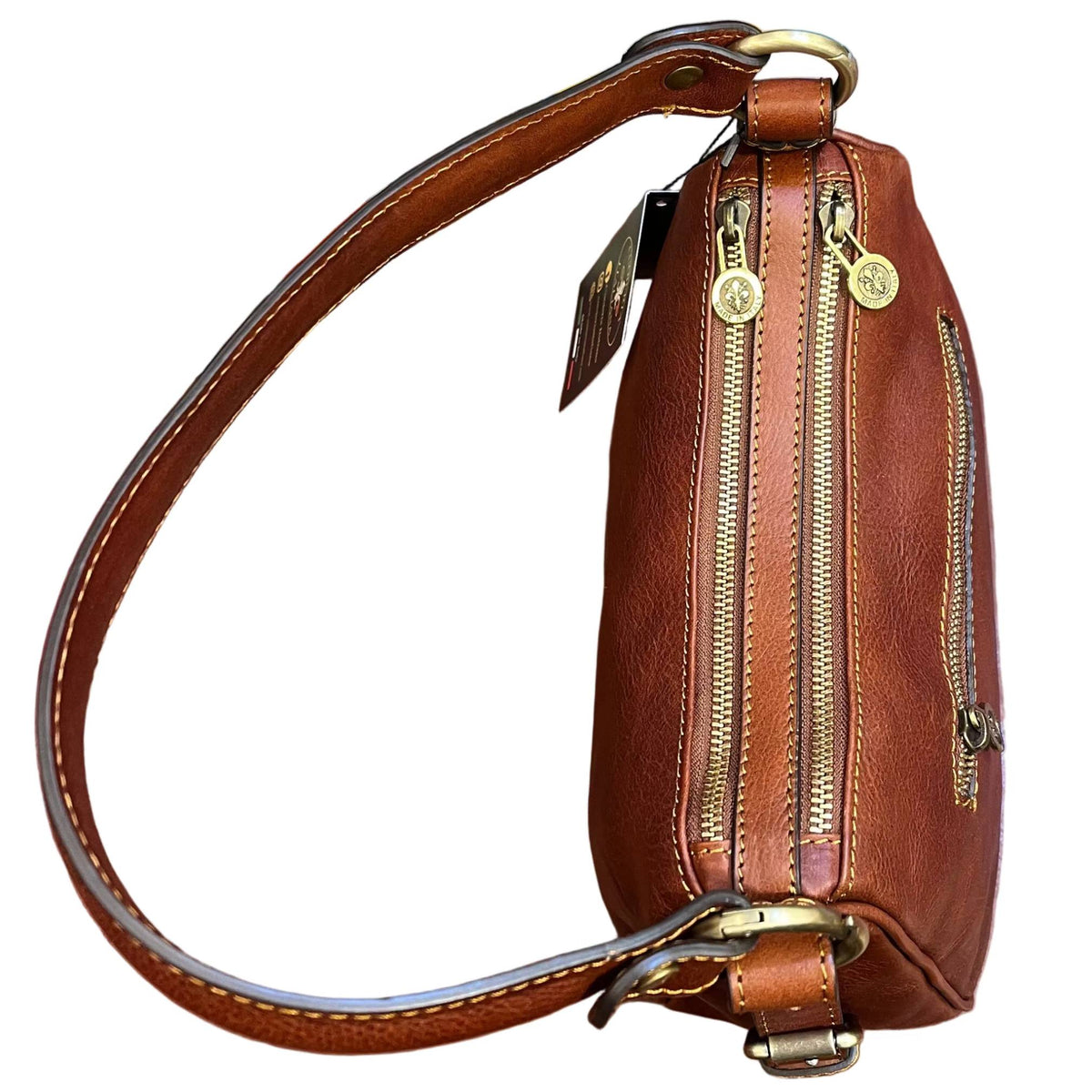 sopra e dettaglu cerniere in metallo cassiopea borsa a tracolla in pelle marrone mogano da donna borsa fatta a mano in cuoio made in italy cuoieria italiana®