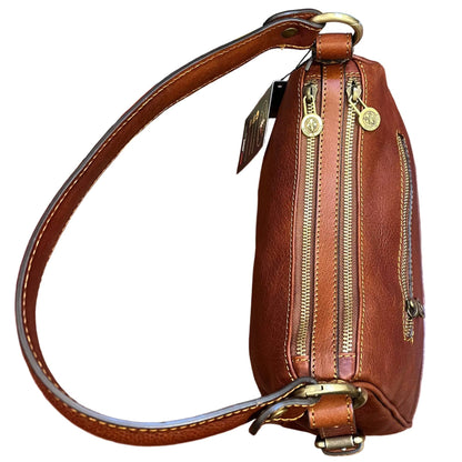 sopra e dettaglu cerniere in metallo cassiopea borsa a tracolla in pelle marrone mogano da donna borsa fatta a mano in cuoio made in italy cuoieria italiana®
