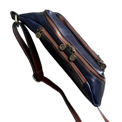 sopra jupiter marsupio in pelle blue navy e marrone accessorio artigianale unisex in cuoio made in italy cuoieria italiana