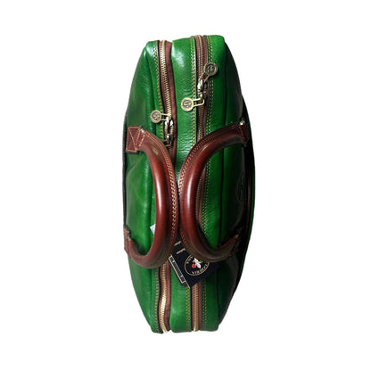 sopra maniglie fenix cartella in pelle verde e marrone borsa porta computer a doppio scomparto made in Italy cuoieria italiana