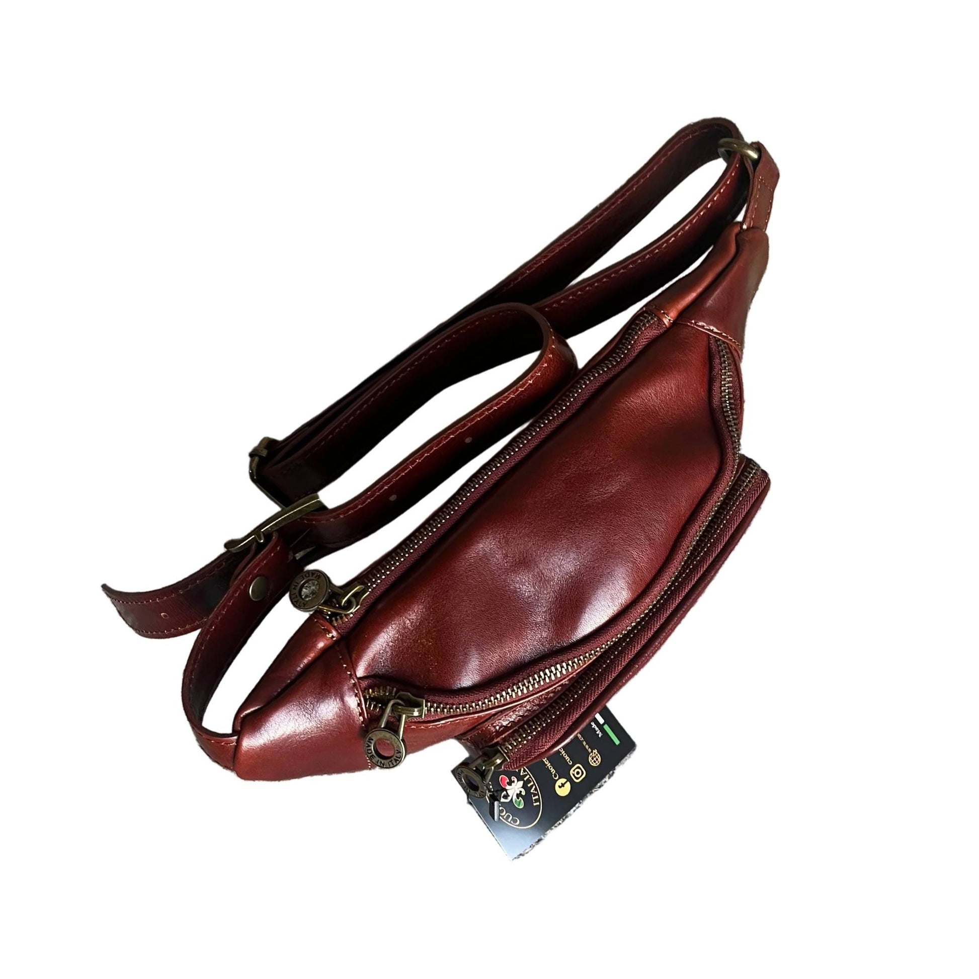 sopra marsupio in pelle taglia media marrone accessorio artigianale unisex made in italy cuoieria italiana