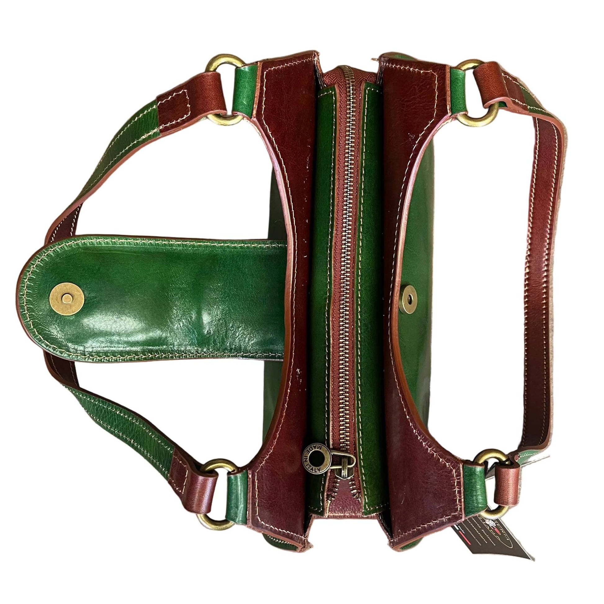sopra mercury borsa verde e marrone a spalla in pelle da donna artigianale made in italy cuoieria italiana