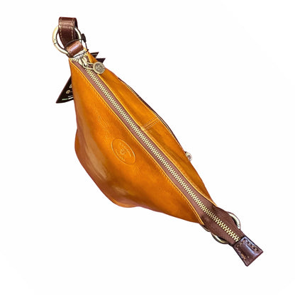 sopra secchiello grande in pelle giallo e marrone borsa a spalla made in italy cuoieria taliana