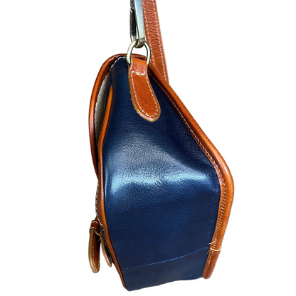 sotto ares postino compatta in pelle blue navy e cuoio da donna con maniglia e tracolla made in italy cuoieria italiana