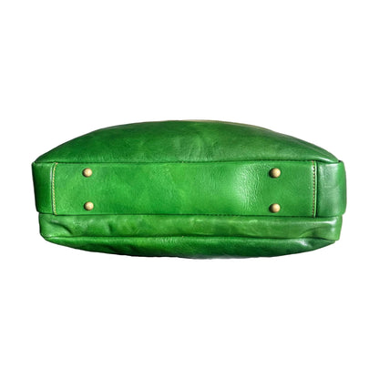 sotto e piedini fenix cartella in pelle verde e marrone borsa porta computer a doppio scomparto made in Italy cuoieria italiana