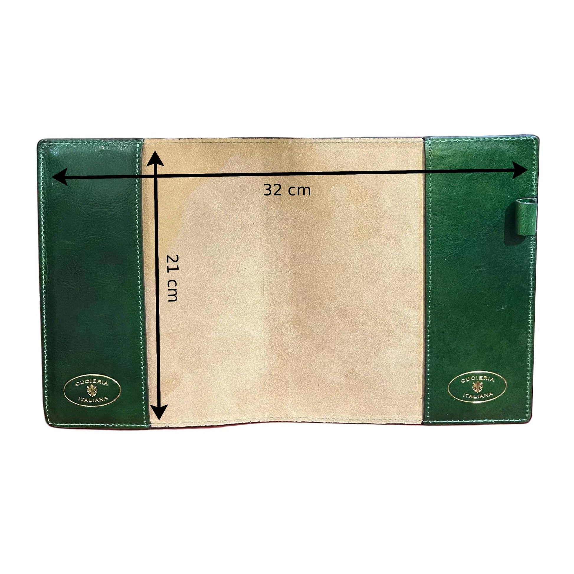 spazio utile interno leonida porta agenda in pelle verde accessorio da ufficio fatto a mano in cuoio made in italy cuoieria italiana