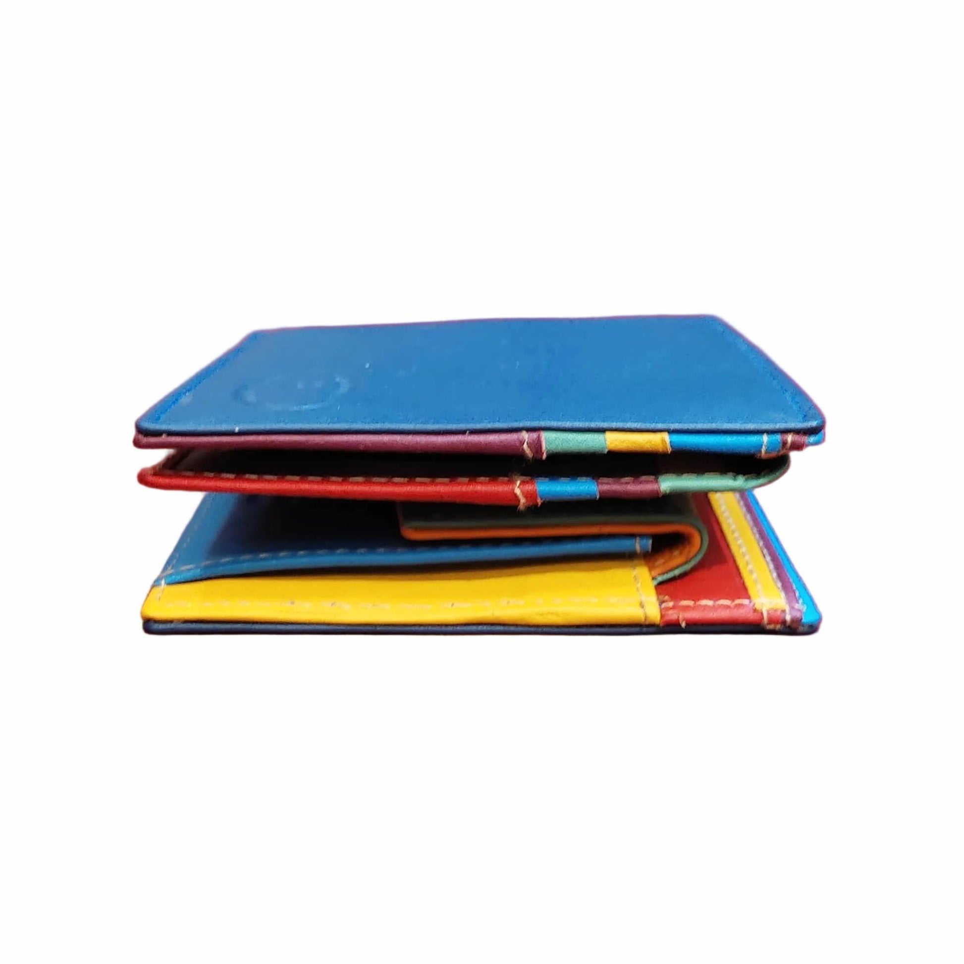 spessore portafoglio da uomo in pelle blu artigianale interno multicolor made in italy cuoieria italiana