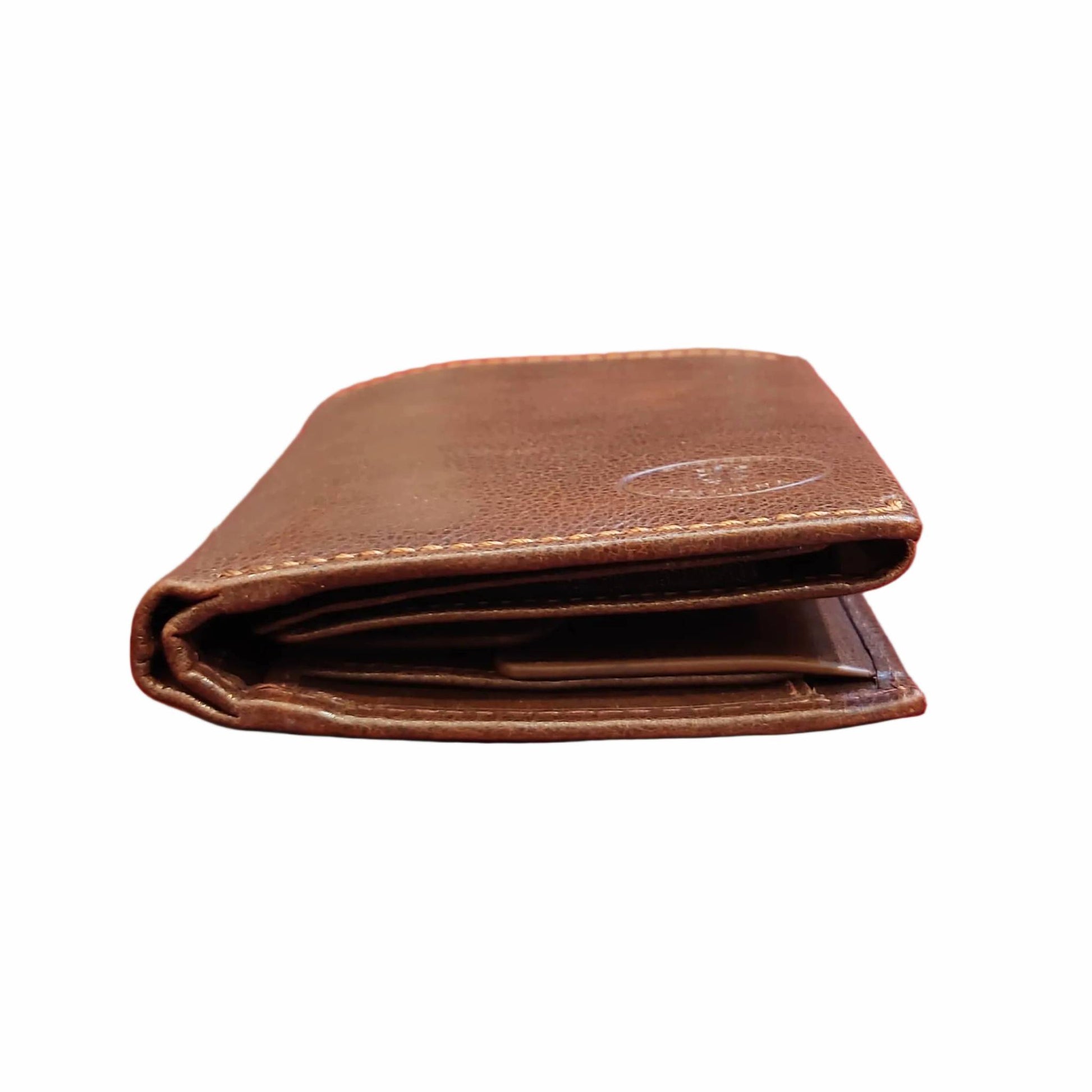 spessore portafoglio da uomo verticale a libro in pelle marrone artigianale made in italy cuoieria italiana