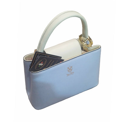 stellaris borsa a tracolla in pelle azzurra e panna grande da donna artigianale made in italy cuoieria italiana