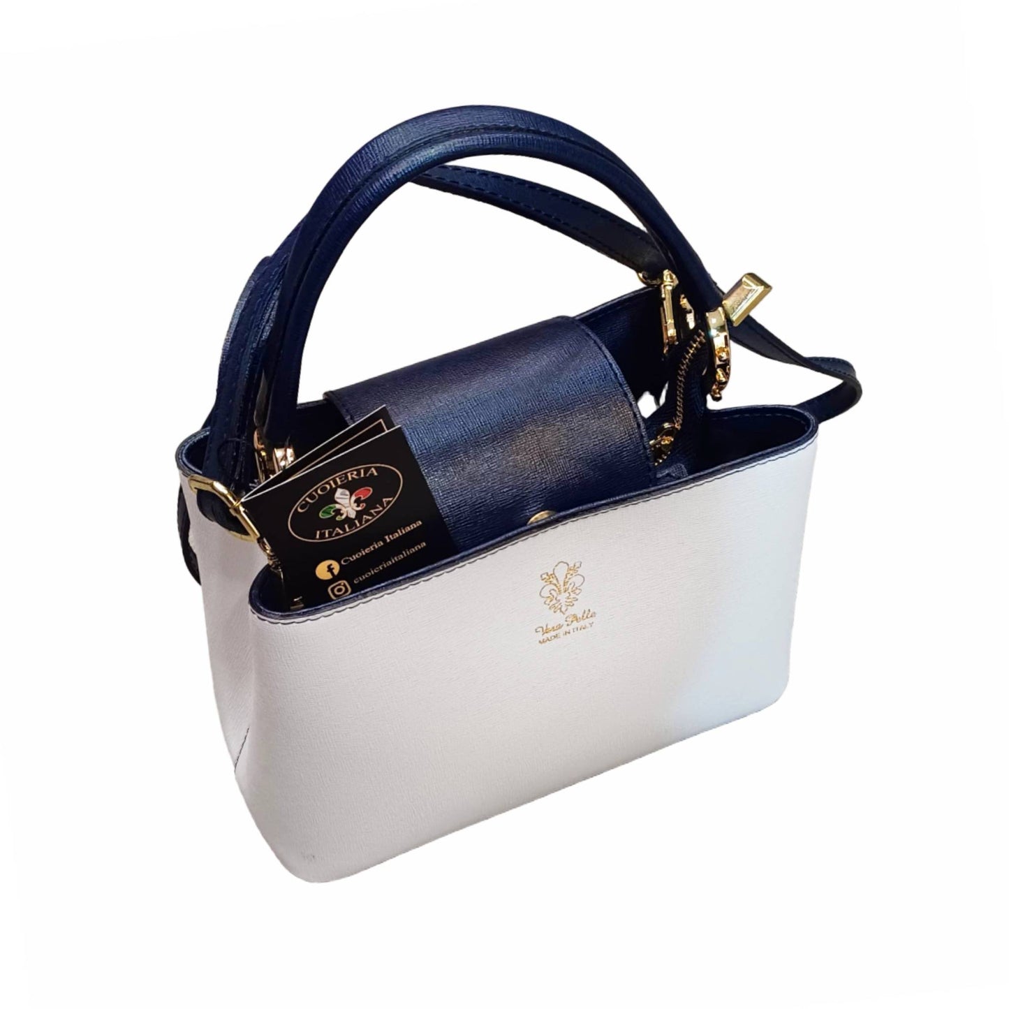 stellaris borsa a tracolla in pelle bianca e blu navy piccola da donna artigianale made in italy cuoieria italiana