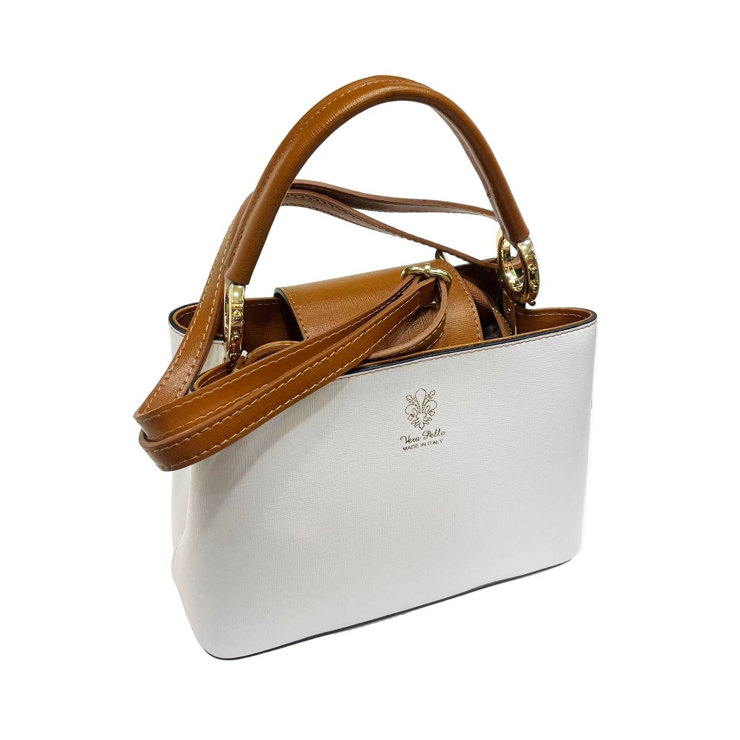 stellaris borsa a tracolla in pelle bianca e marrone grande da donna artigianale made in italy cuoieria italiana