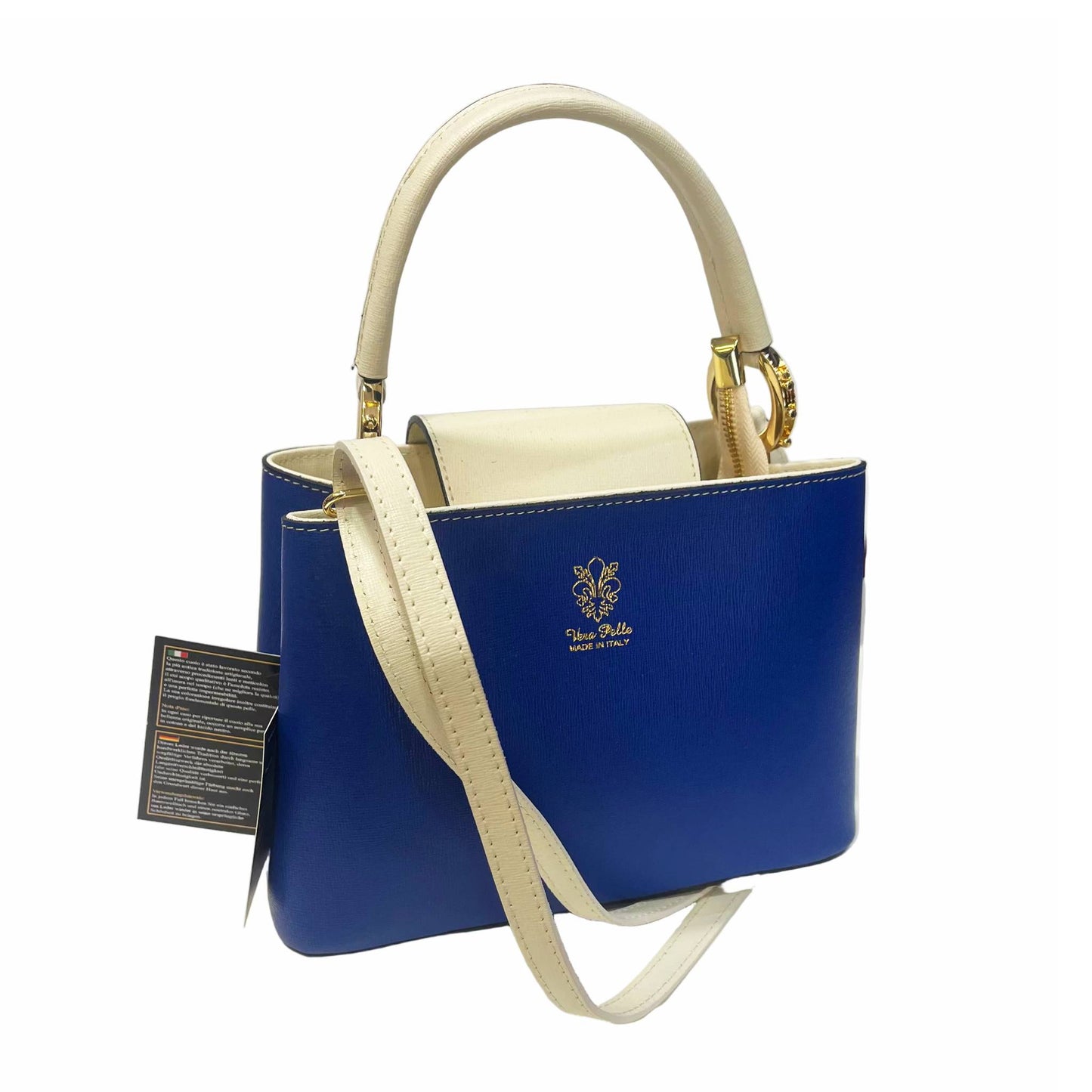stellaris borsa a tracolla in pelle blu elettrico e bianco grande da donna artigianale made in italy cuoieria italiana