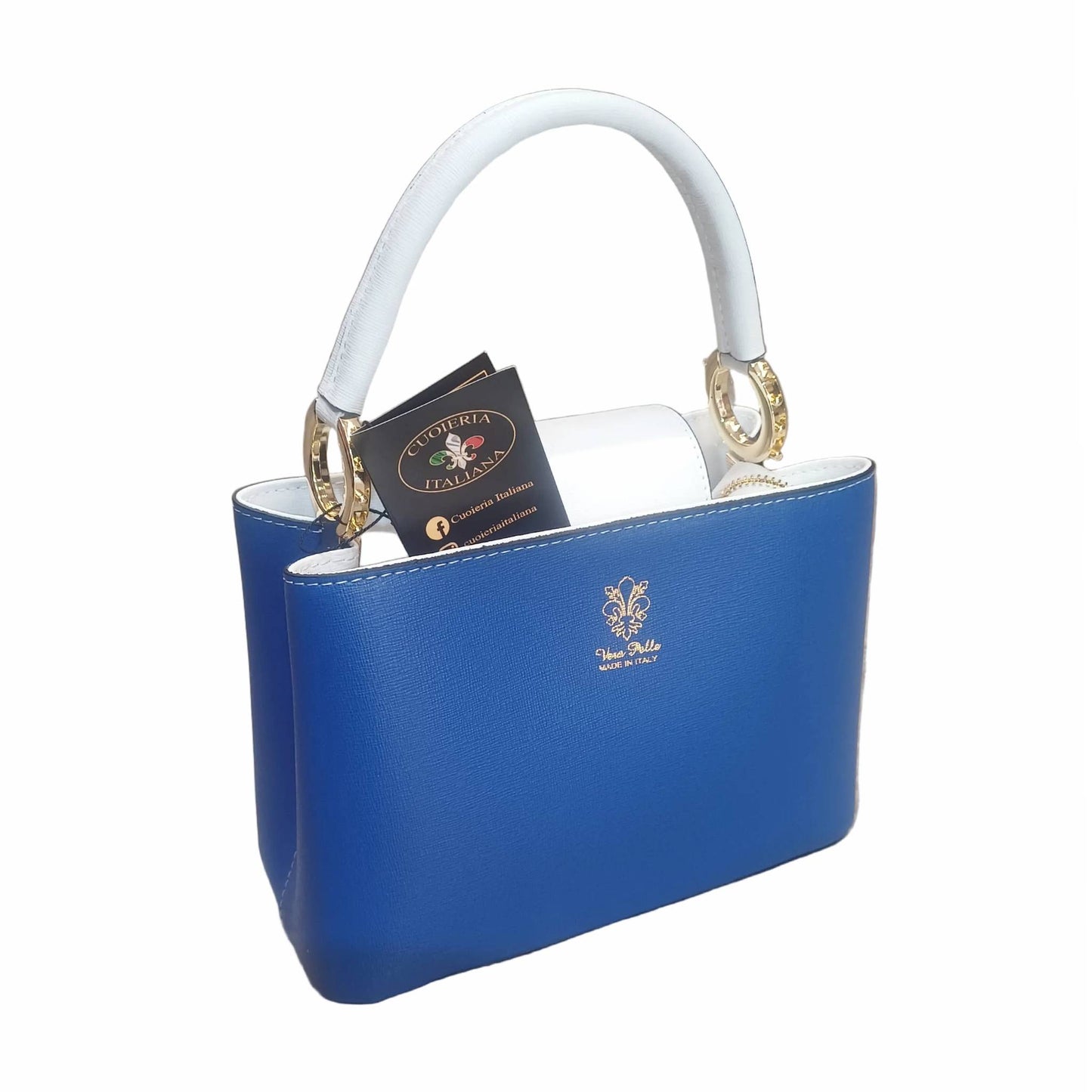 stellaris borsa a tracolla in pelle blu elettrico e bianco grande da donna artigianale made in italy cuoieria italiana