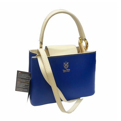 stellaris borsa a tracolla in pelle blu elettrico e bianco piccola da donna artigianale made in italy cuoieria italiana