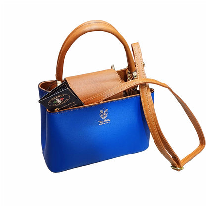 stellaris borsa a tracolla in pelle blu elettrico e marrone piccola da donna artigianale made in italy cuoieria italiana
