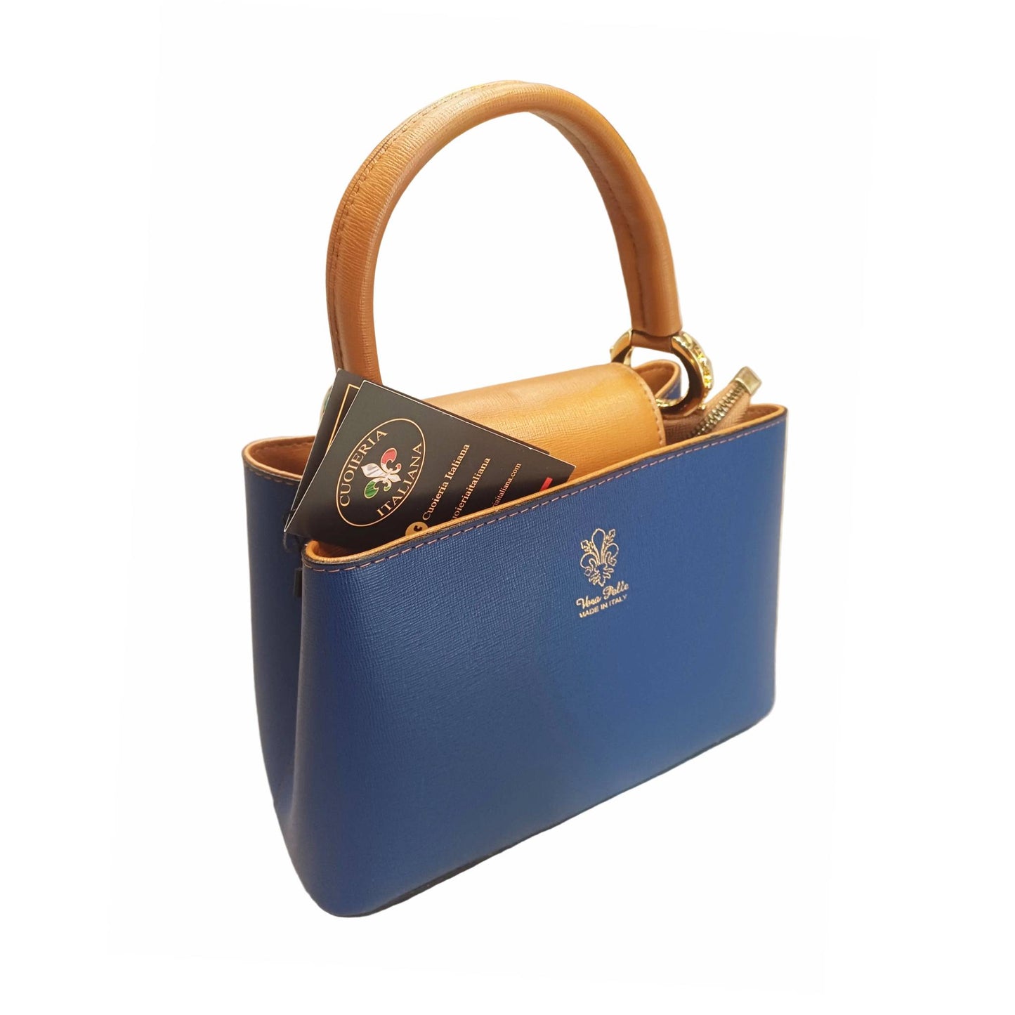 stellaris borsa a tracolla in pelle blu elettrico scuro e cuoio grande da donna artigianale made in italy cuoieria italiana
