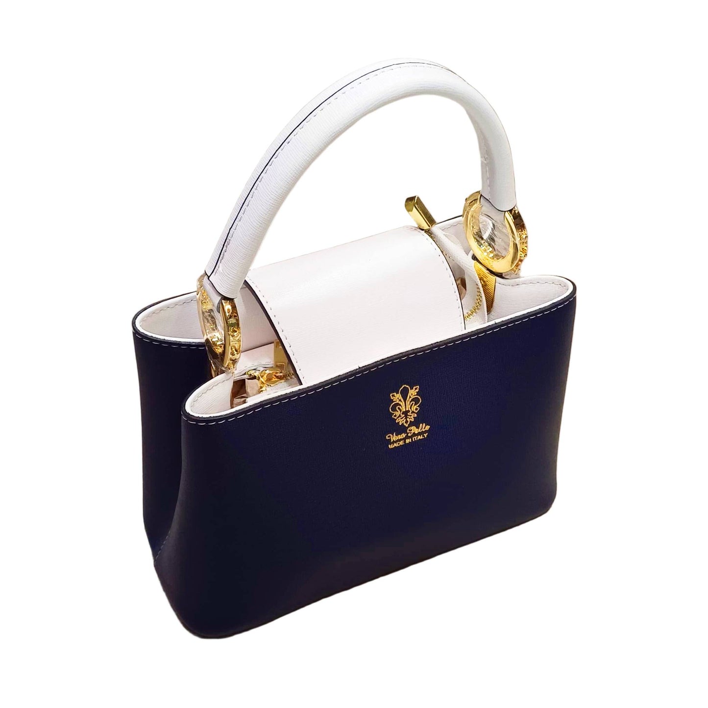 stellaris borsa a tracolla in pelle blu navy e bianco grande da donna artigianale made in italy cuoieria italiana