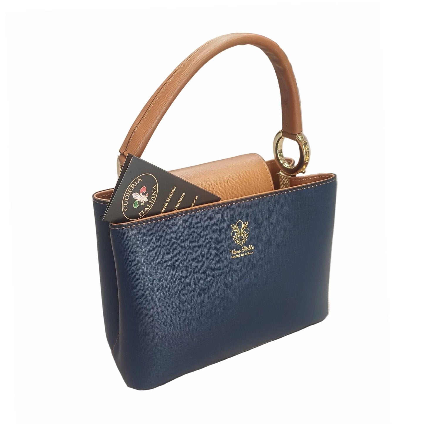 stellaris borsa a tracolla in pelle blue navy e cuoio media da donna artigianale made in italy cuoieria italiana