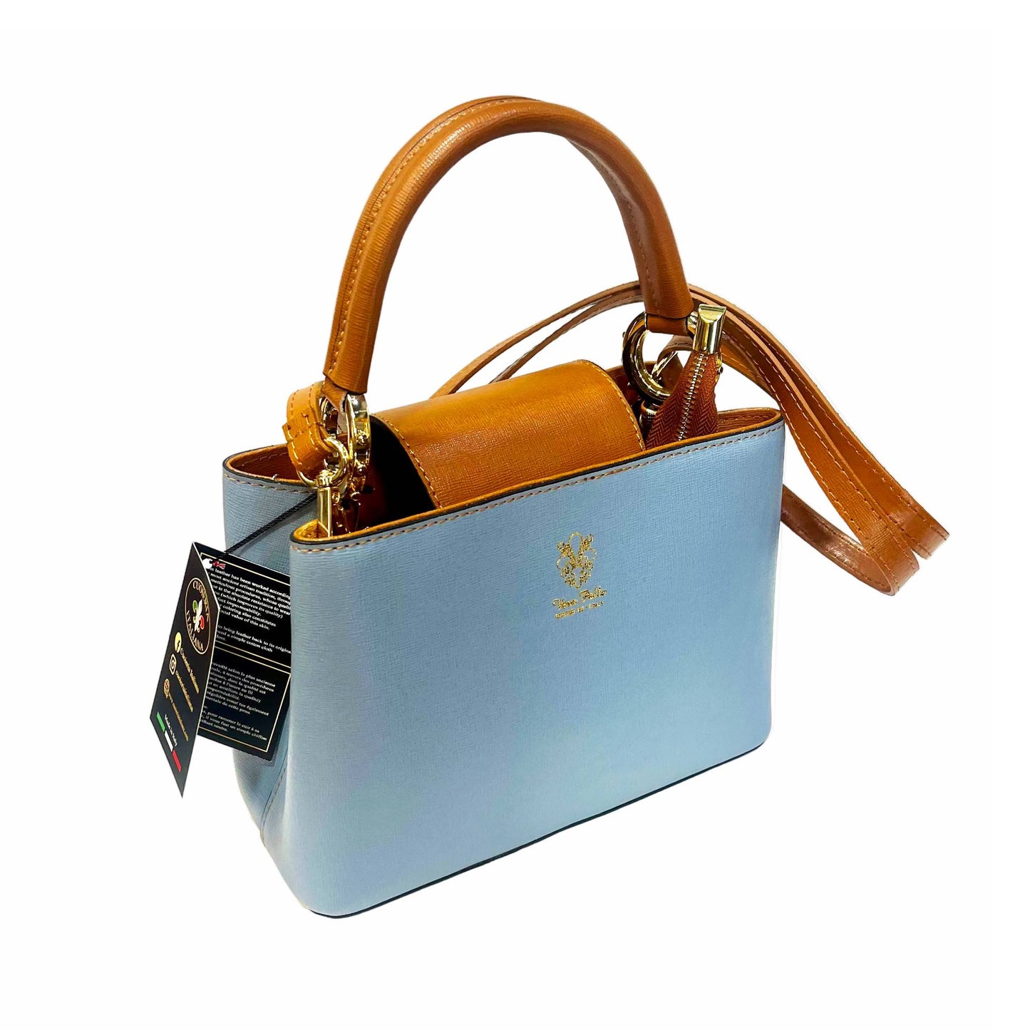 stellaris borsa a tracolla in pelle celeste e cuoio grande da donna artigianale made in italy cuoieria italiana