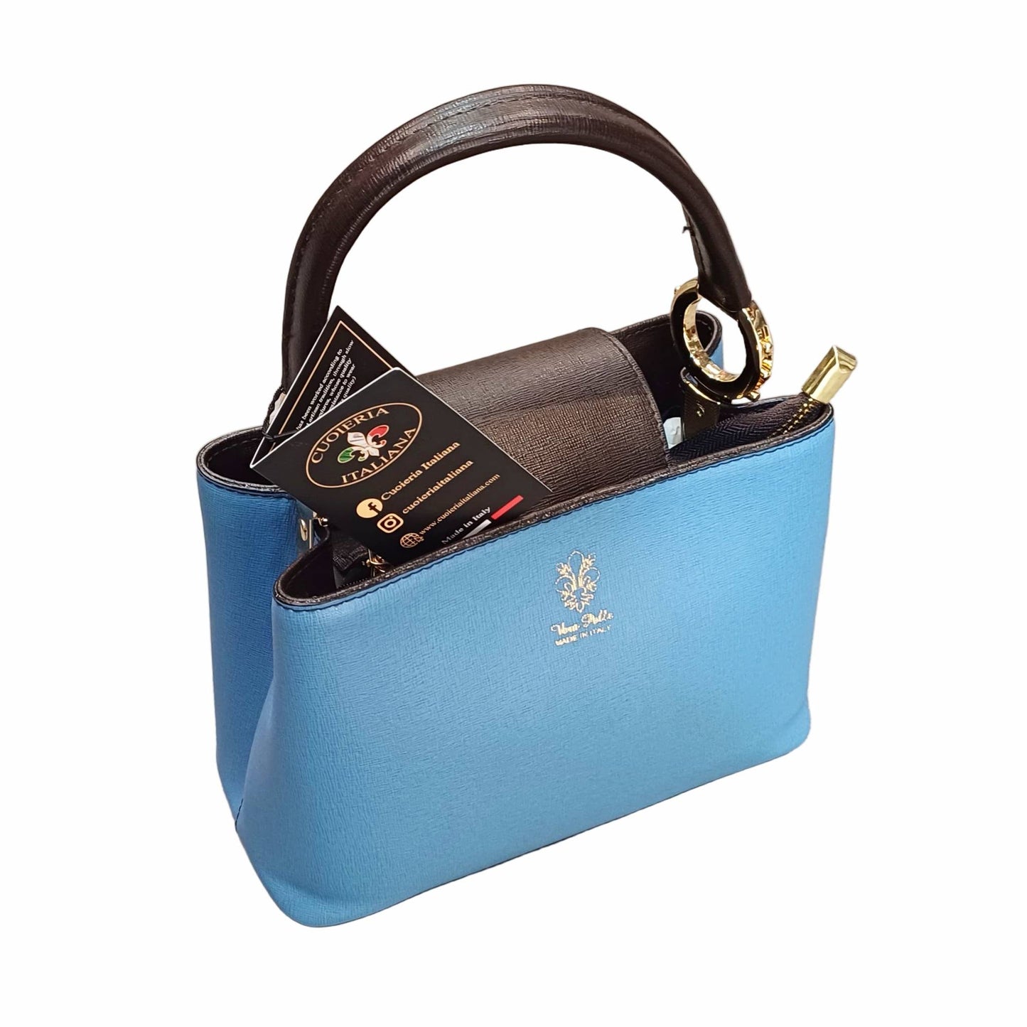 stellaris borsa a tracolla in pelle celeste e testa di moro piccola da donna artigianale made in italy cuoieria italiana