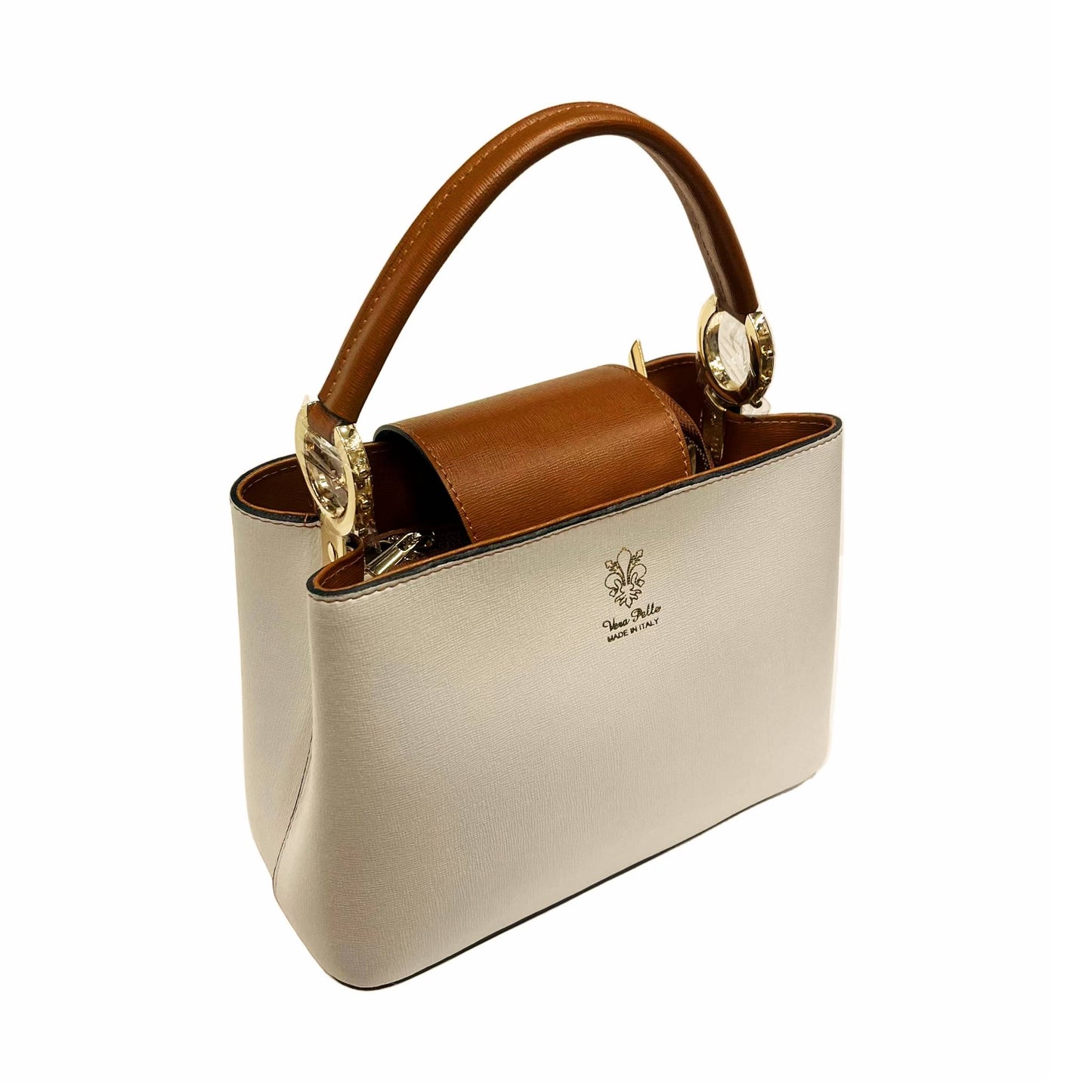 stellaris borsa a tracolla in pelle panna e marrone piccola da donna artigianale made in italy cuoieria italiana