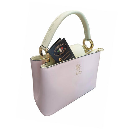 stellaris borsa a tracolla in pelle rosa confetto chiaro e panna media da donna artigianale made in italy cuoieria italiana