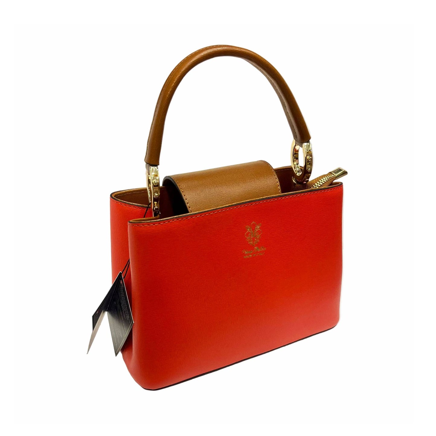 stellaris borsa a tracolla in pelle rosso fuoco e marrone grande da donna artigianale made in italy cuoieria italiana