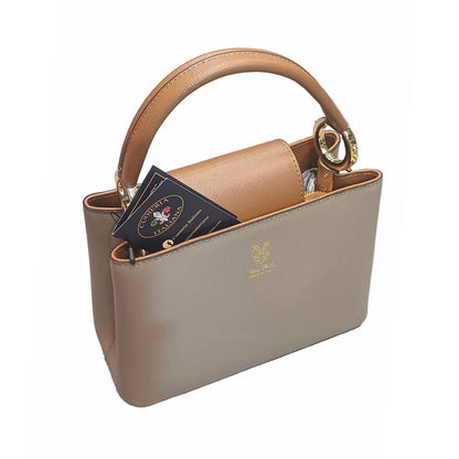 stellaris borsa a tracolla in pelle taupe chiaro e marrone grande da donna artigianale made in italy cuoieria italiana