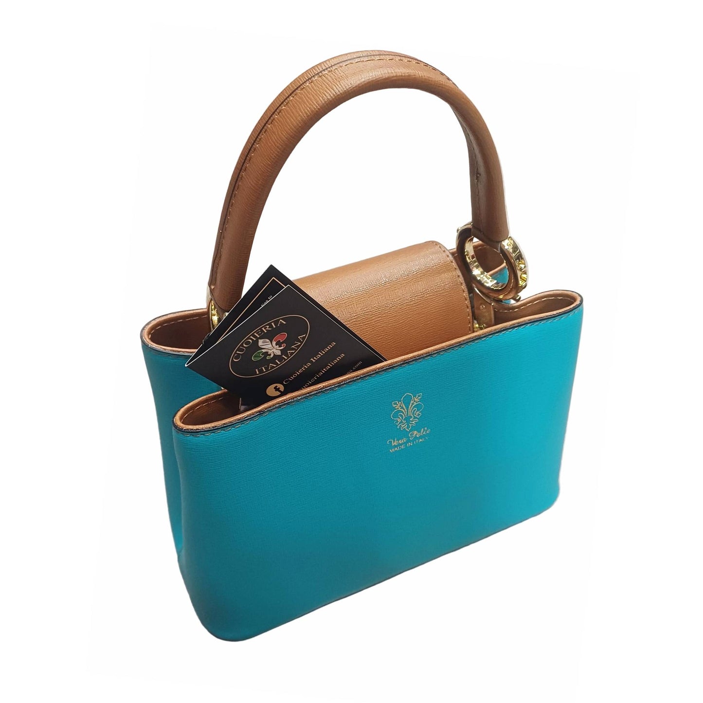 stellaris borsa a tracolla in pelle turchese e marrone grande da donna artigianale made in italy cuoieria italiana