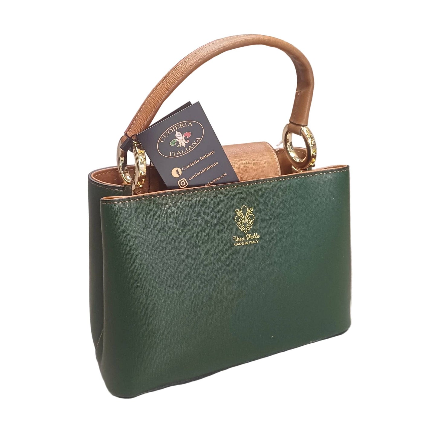 stellaris borsa a tracolla in pelle verde foresta scuro e cuoio grande da donna artigianale made in italy cuoieria italiana