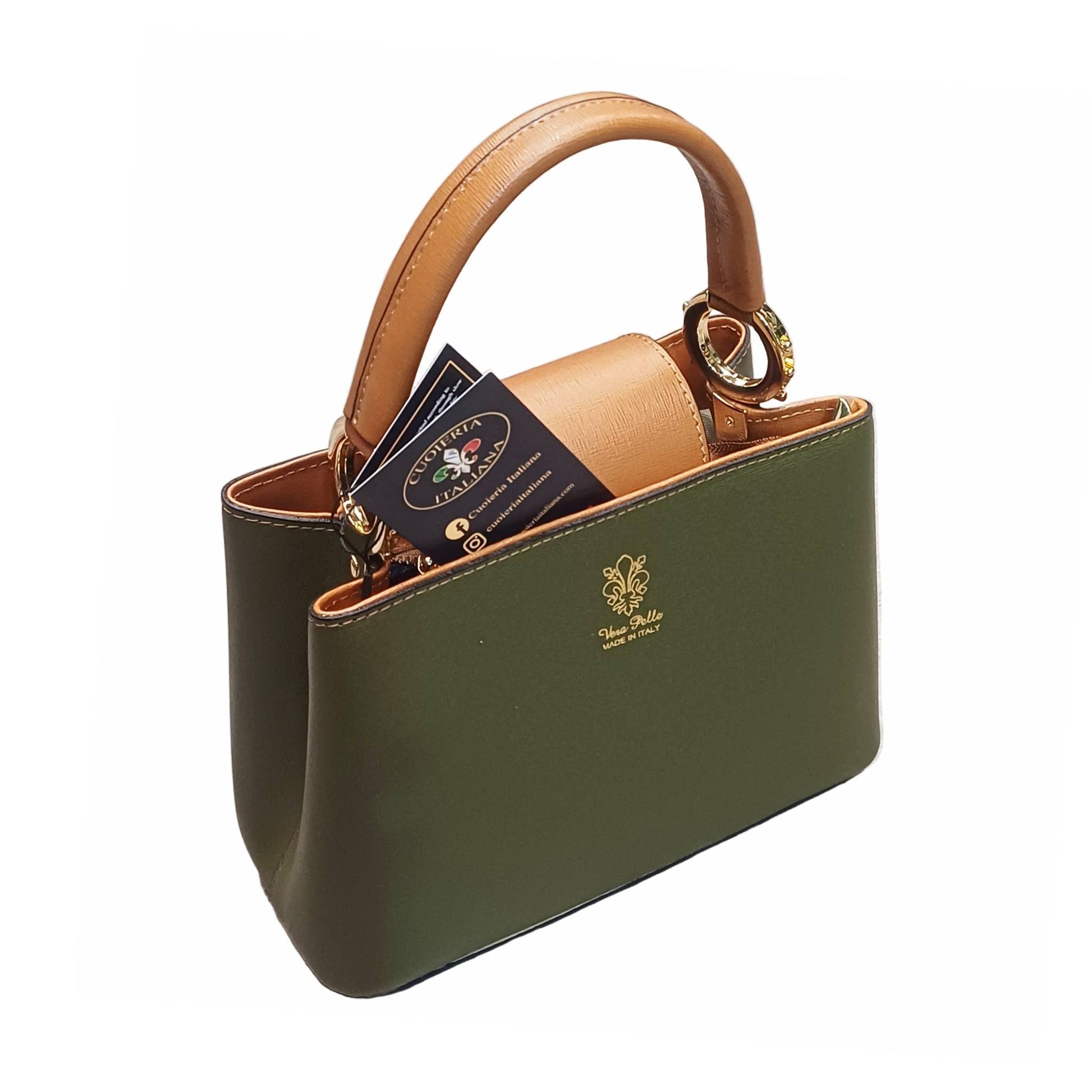 stellaris borsa a tracolla in pelle verde militare e cuoio grande da donna artigianale made in italy cuoieria italiana