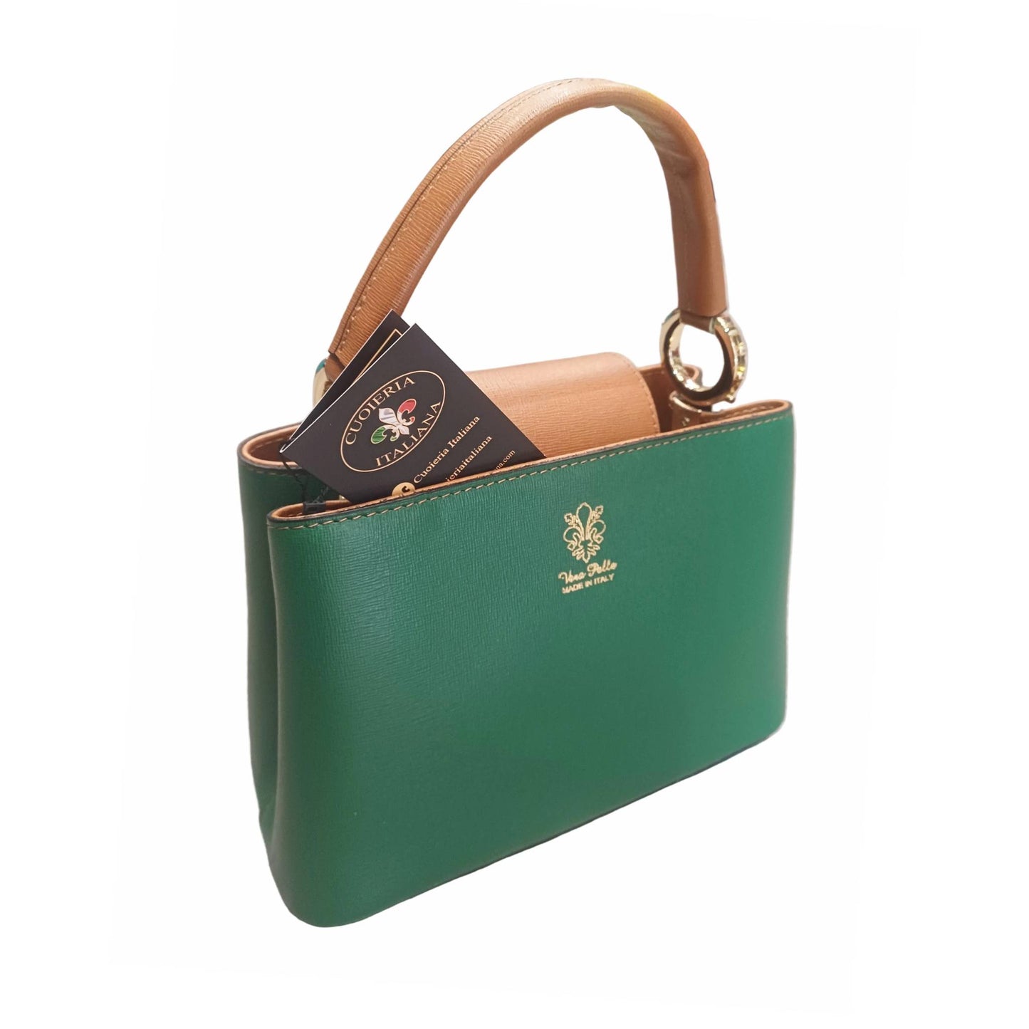 stellaris borsa a tracolla in pelle verde smeraldo e cuoio media da donna artigianale made in italy cuoieria italiana