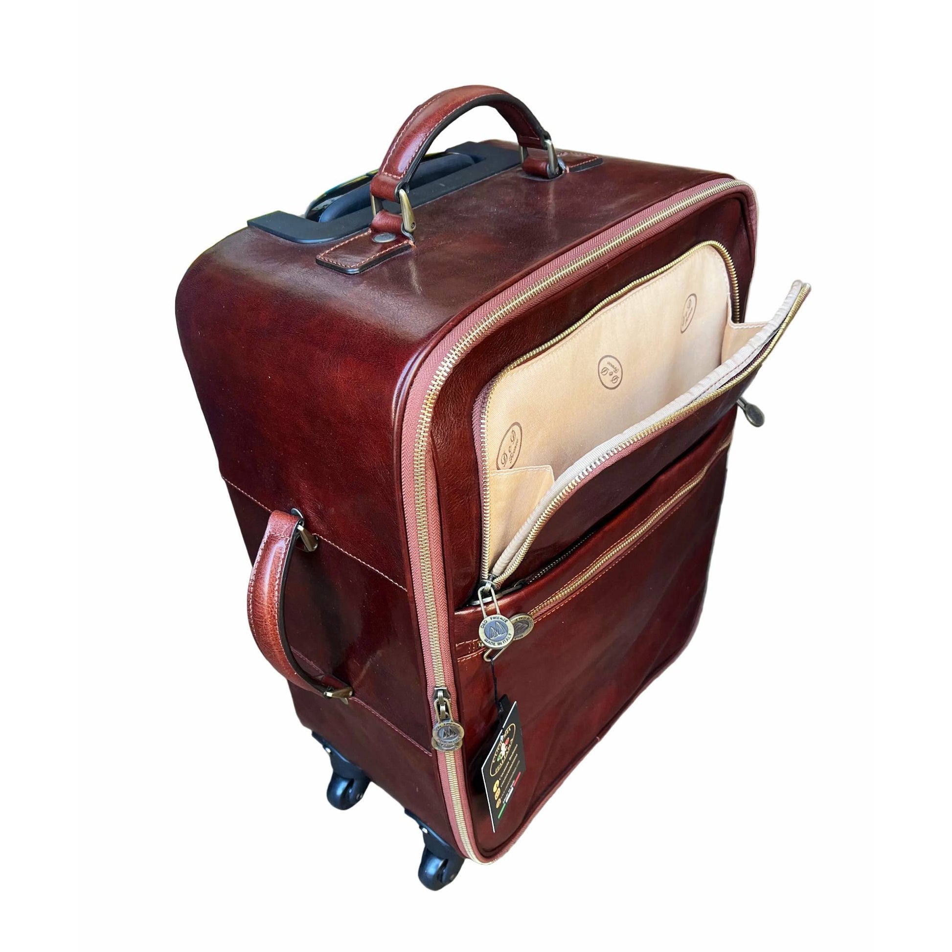 tasca frontale Trolley Premium in pelle Valigia artigianale Made in Italy Cuoieria Italiana