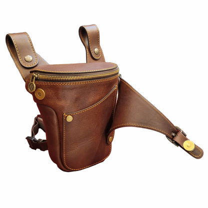 tasca centauro borsa laterale per gamba da moto in pelle marrone marsupio custodia accessorio artigianale in cuoio made in italy cuoieria italiana