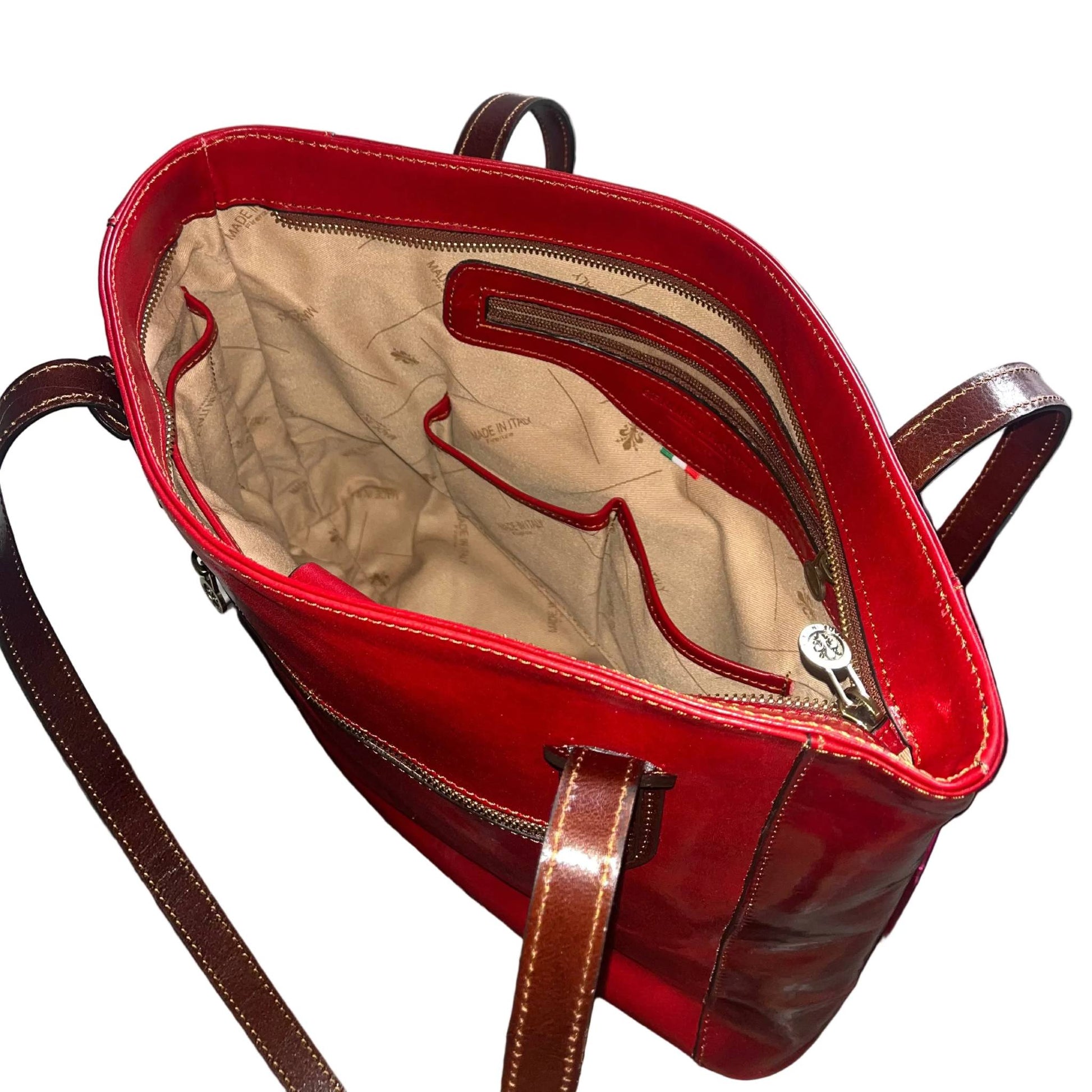 tasche artemis shopper in pelle rossa e marrone da donna porta computer borsa in cuoio made in italy cuoieria italiana