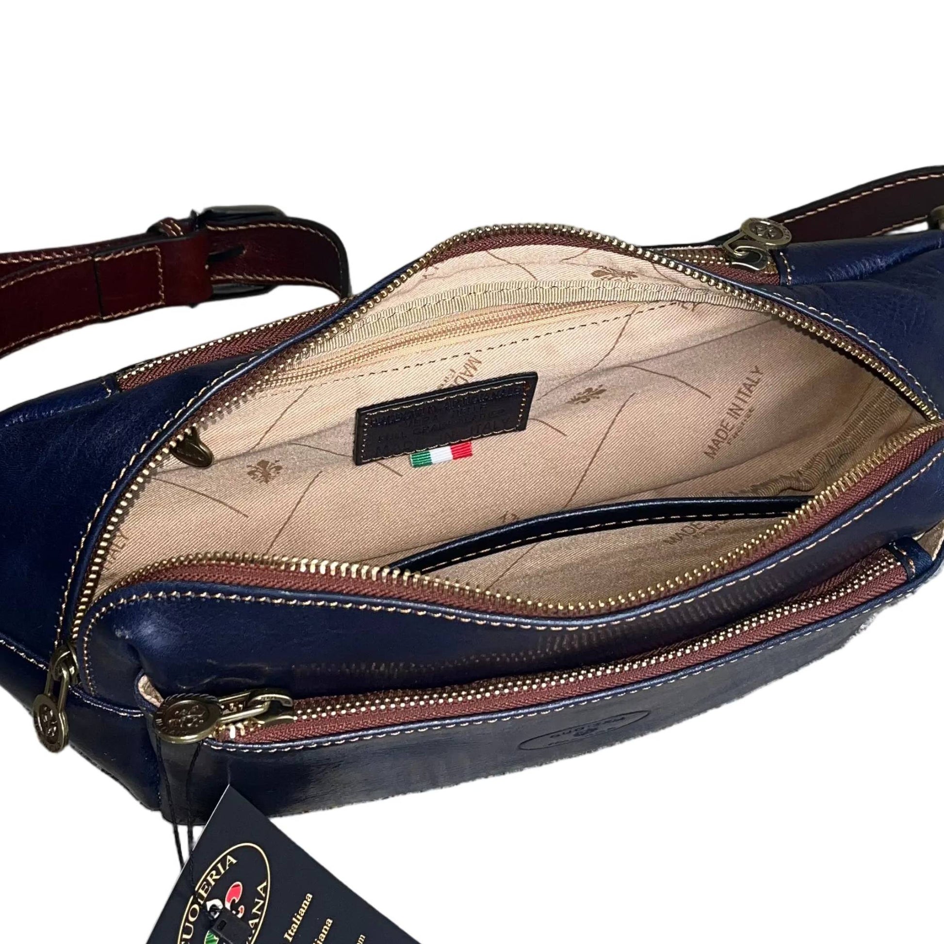 tasche jupiter marsupio in pelle blue navy e marrone accessorio artigianale unisex in cuoio made in italy cuoieria italiana