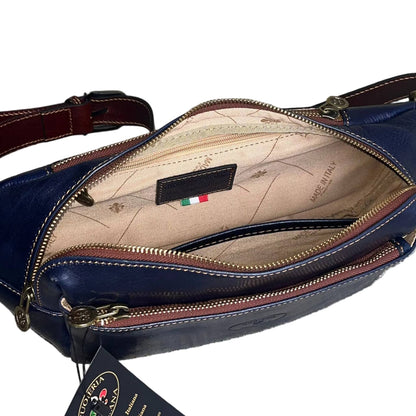 tasche jupiter marsupio in pelle blue navy e marrone accessorio artigianale unisex in cuoio made in italy cuoieria italiana