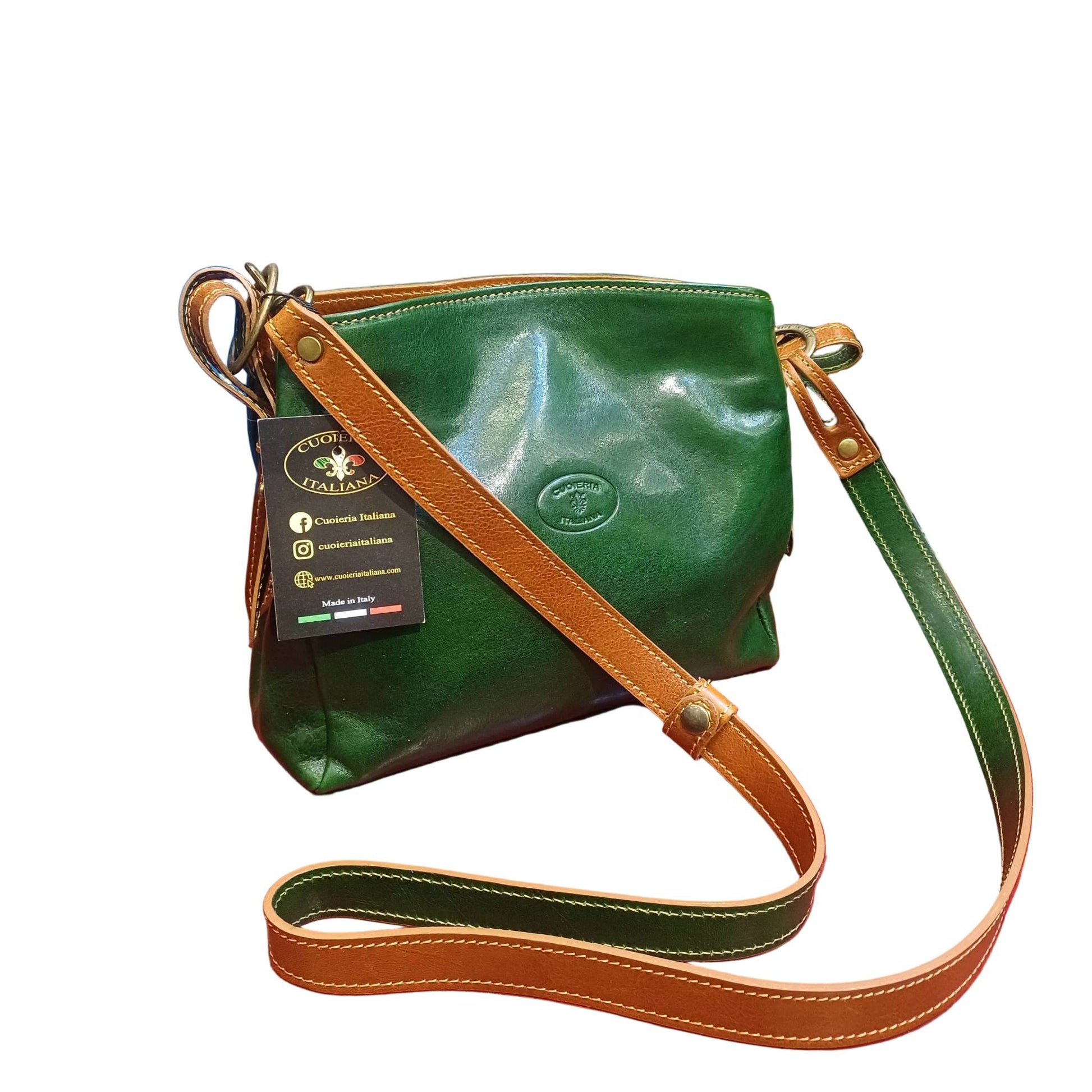 tracolla allungata shopper piccola in cuoio verde e cuoio da donna borsa in pelle made in italy cuoieria italiana