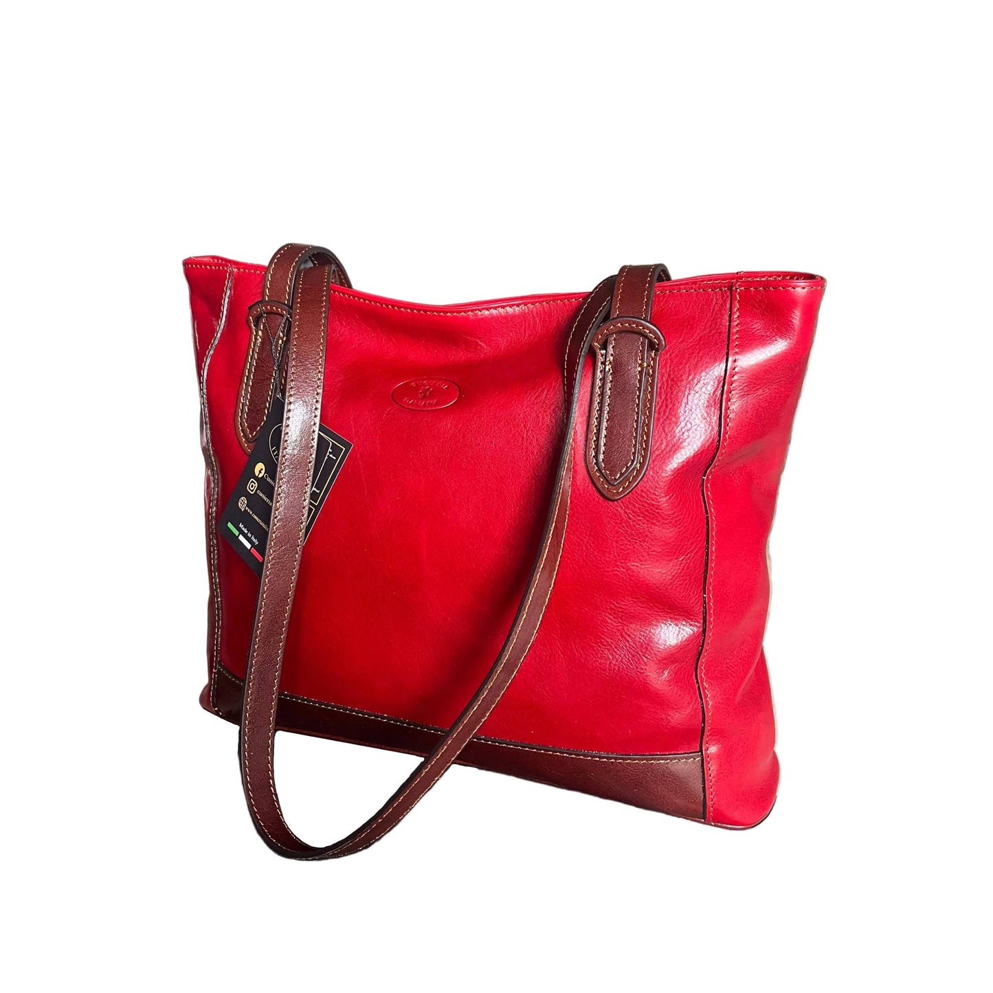 tracolle artemis shopper in pelle rossa e marrone da donna porta computer borsa in cuoio made in italy cuoieria italiana