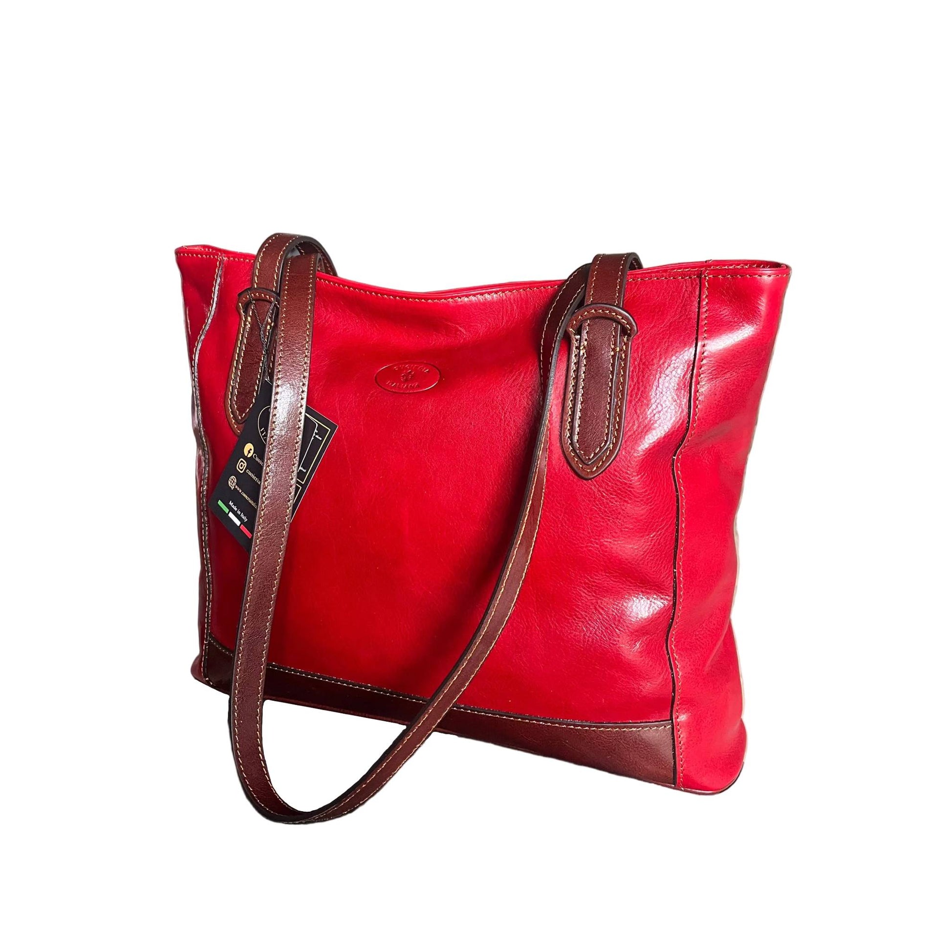 tracolle artemis shopper in pelle rossa e marrone da donna porta computer borsa in cuoio made in italy cuoieria italiana