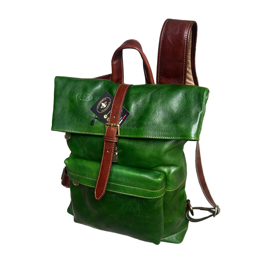 travel zaino grande da avventuriero in cuoio verde e marrone borsa da viaggio in pelle made in italy cuoieria italiana