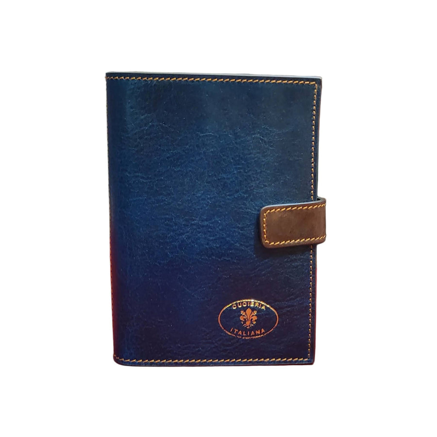 traveller porta passaporto premium in cuoio blue navy e marrone artigianale accessorio in pelle made in italy cuoieria italiana